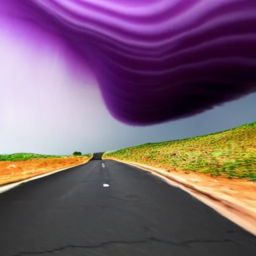 Image similar to white minivan driving away from a purple tornado