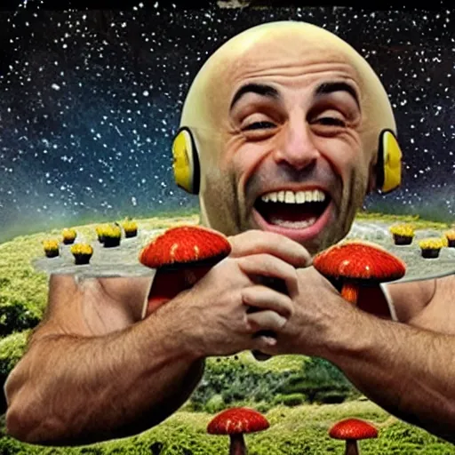 Image similar to Joe Rogan on a UFO with Aliens eating mushrooms and laughing, realistic