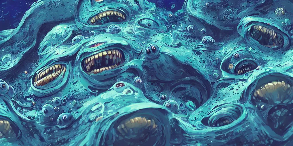 Image similar to of an intricate deep sea with strange cute friendly happy creatures with huge eyes, long tongue, round teeth and goofy funny face, appearing from the background, in the style of gehry and gaudi, macro lens, shallow depth of field, ultra detailed, digital painting, trending artstation, concept art, illustration, cinematic lighting, photorealism, epic, octane render