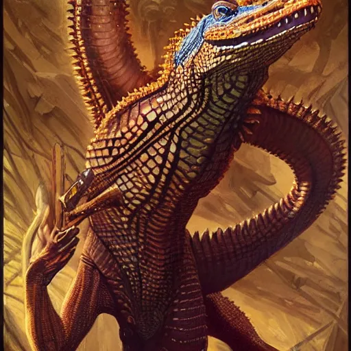 Image similar to fullbody!! dynamic action pose, christ as a scaly cold blooded reptilian lizard holding a holy cross in his claws, intricate, elegant, highly detailed, digital painting, artstation, concept art, smooth, sharp focus, illustration, art by artgerm and greg rutkowski and alphonse mucha