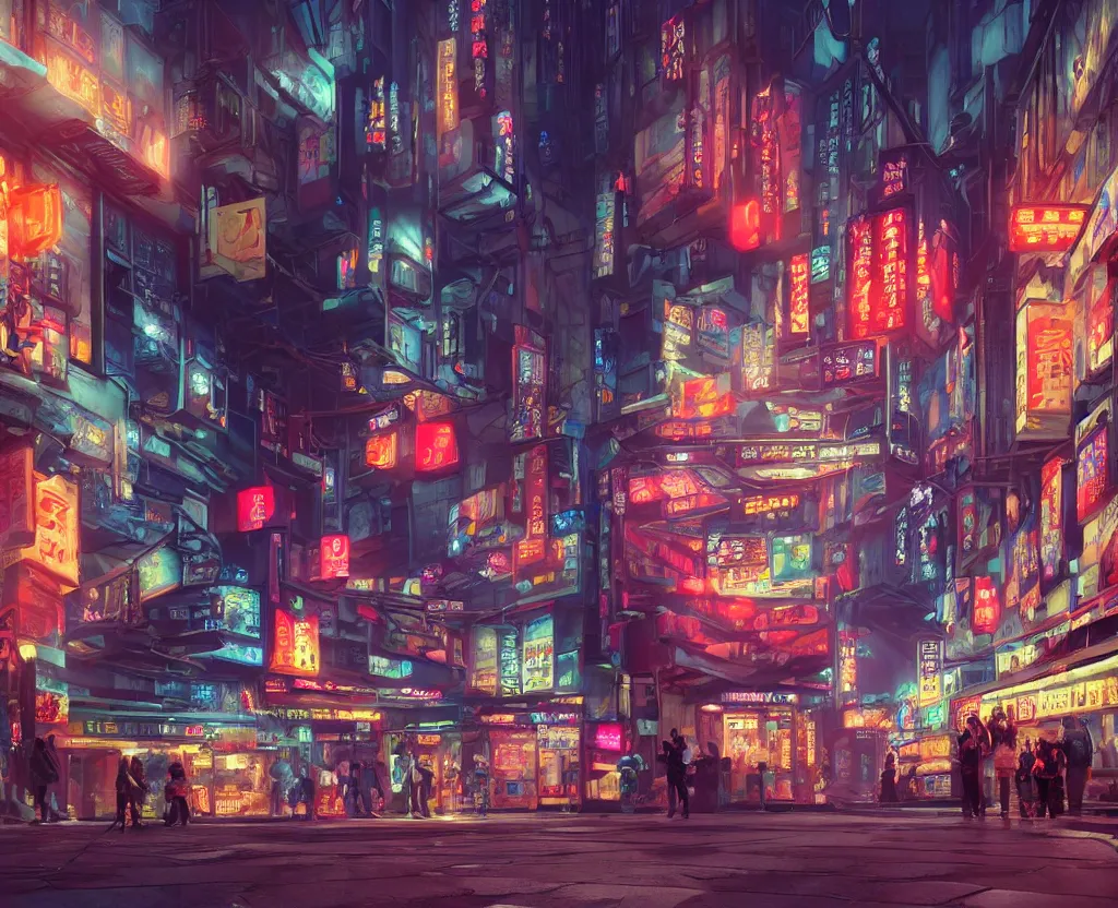 Image similar to three point perspective close wide angle shot of a matte painting environment design of Tokyo alley with neon lights and advertisements, artstation, ultra realistic, volumetric lighting, 4k, unreal engine, octane render, art by Artgerm and Greg Rutkowski and Alphonse Mucha