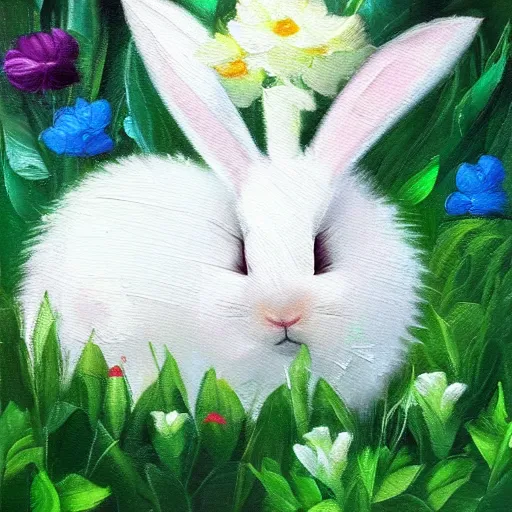 Prompt: detailed oil painting of a fluffy white rabbit sleeping in a patch of green flowers, deep brush strokes, glowing colors, clear resin gloss on canvas,