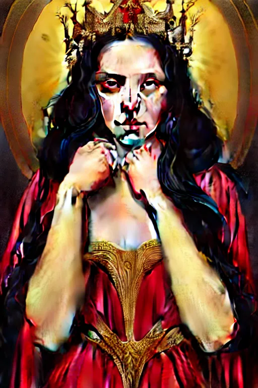 Image similar to Portrait of historically accurate, ancient biblical, sultry, sneering, evil, pagan, wicked, young queen jezebel, wearing gilded red robes, long black hair, intricate, elegant, highly detailed, digital painting, artstation, concept art, smooth, sharp focus, illustration, art by artgerm and greg rutkowski and alphonse mucha and andrei riabovitchev