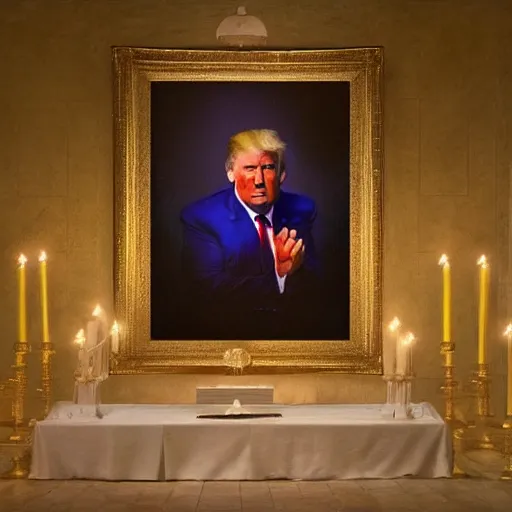 Prompt: a Masterpieces portrait of trump in flowers radiates holy light in the church in the style of greg rutkowski,epic lighting,moebius style,oil on canvas