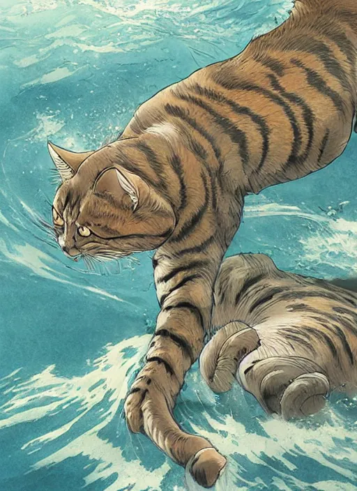 Prompt: illustration of one giant cat in the middle of the sea by miyazaki, hiroyuki kato, keisuke goto, highly detailed