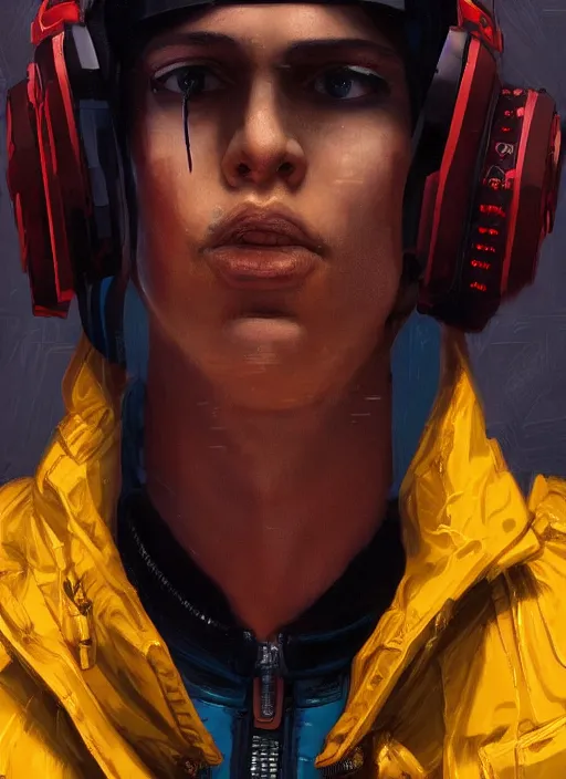 Image similar to ezra. cyberpunk character wearing jumpsuit and red jacket and cyberpunk headset. ( blade runner 2 0 4 9, dystopian, cyberpunk 2 0 7 7 character design ). attractive face. portrait by james gurney and laurie greasley, oil on canvas. cinematic, hyper realism, realistic proportions, full view, dramatic lighting, high detail 4 k