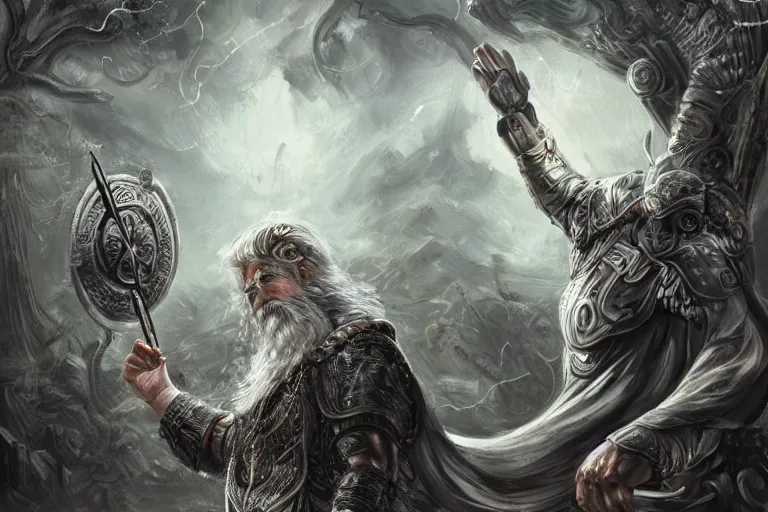 Prompt: mythological Odin all father god of thunder and artificial intelligence creating an artificial neural network with synapses on an anvil in the ethereal city of valhalla, high resolution, award winning art, trending on art station, sharp image, incredibly detailed, odin all father detailed character realistic painting