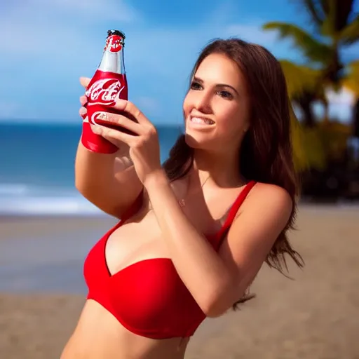 Prompt: advertisement photo of beautiful young model woman in a red bikini drinking a Coca-Cola at a beach party. Coca-Cola ad
