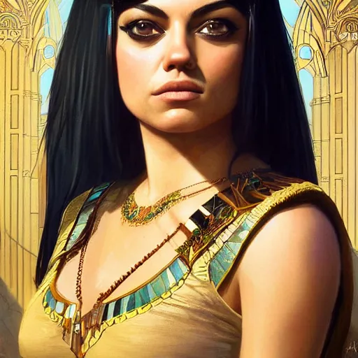 Image similar to a closeup portrait of a young mila kunis as cleopatra, gorgeous view, pyramid background, masterpiece, illustration by artgerm and greg rutkowski and alphonse mucha, digital art, trending on artstation