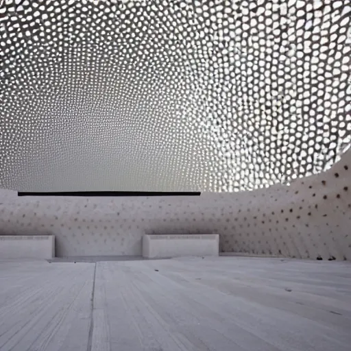 Prompt: data driven architecture, underground desert pavilion, open to sky, voronoi, sculpture, light,