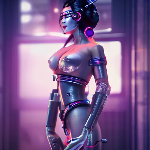 Prompt: cyberpunk geisha, full cyborg body, goddess body cinematic lighting, beautiful face, ultra detail, ultra realistic, photo realistic, octane render,