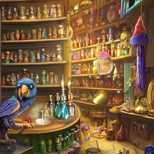 Image similar to Anthropomorphic parrot trader in his shop, shelves full, selling a gem, portrait, items, magic potions, carpet, window, fancy funny hat, sly expression , cunning expression, cute expression, presenting magic gem, D&D, fantasy, cinematic lighting, highly detailed, digital painting, artstation, concept art, smooth, sharp focus, illustration, warm light, cozy warm tint, magic the gathering artwork, volumetric lighting, 8k, no gold, no gold colours, art by Akihiko Yoshida, Greg Rutkowski