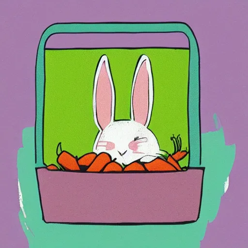 Image similar to “screen print in pastel shades of a bunny dressed in overalls carrying a basket of carrots” H -704 C 17.0