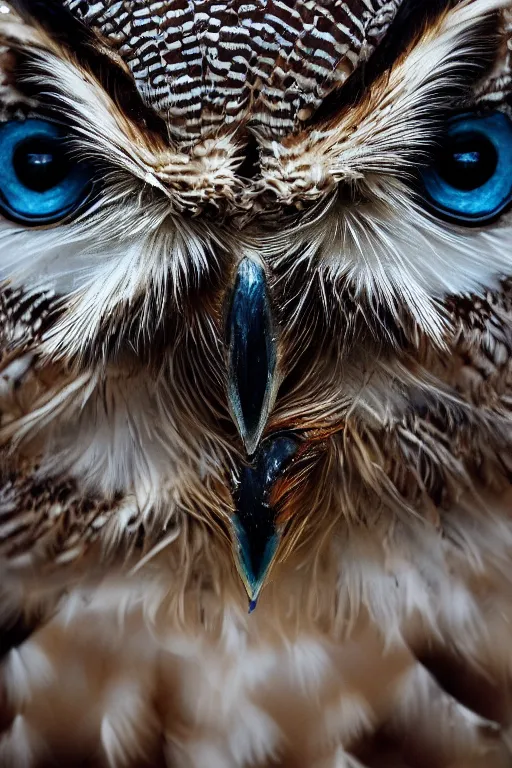 Image similar to a macro photo of a gorgeous owl with beautiful big eyes staring at the camera, dynamic pose, close - up, intricate details, intricately detailed feathers, intricate textures, warm lighting, vivid colors, smoke and mist, realistic octane render, hyper realistic render, volumetric shading, depth of field, raytracing, 8 k,