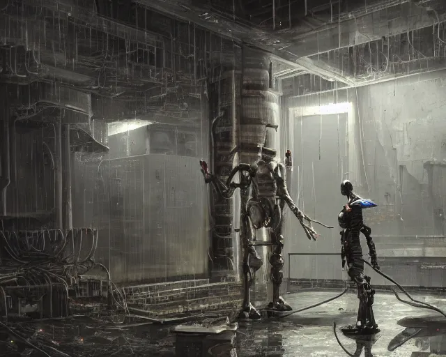 Image similar to gloomy colossal ruined server room in datacenter robot figure automata headless robot knight welder posing pacing fixing soldering mono sharp focus, emitting diodes, smoke, artillery, sparks, racks, system unit, motherboard, by pascal blanche rutkowski artstation hyperrealism painting concept art of detailed character design matte painting, 4 k resolution blade runner
