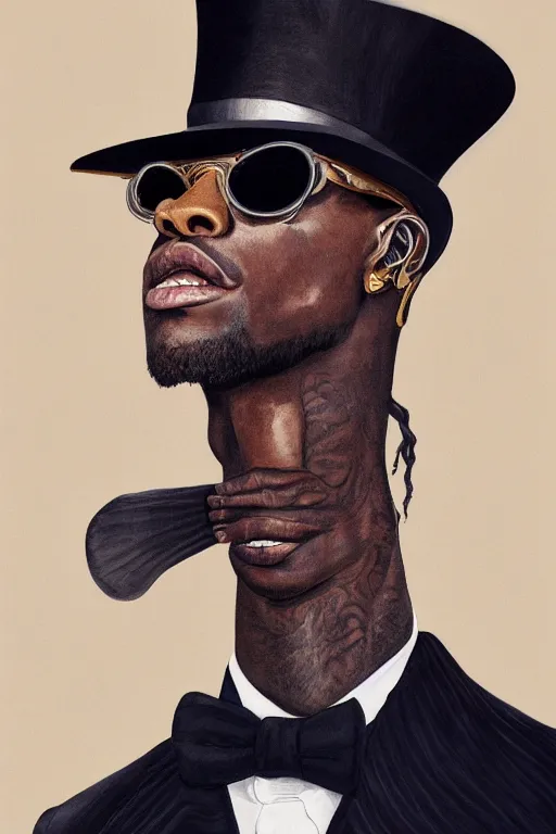 Prompt: portrait of travis scott with sunglasses and a top hat