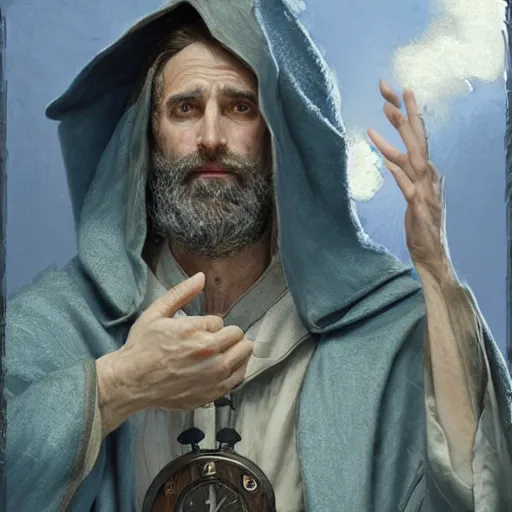 Image similar to A middle aged elf, wrinkled olive skin, brown hair and a raised hand, long beard, blue robes with clocks on, detailed face, highly detailed, cinematic lighting, digital art painting by greg rutkowski.