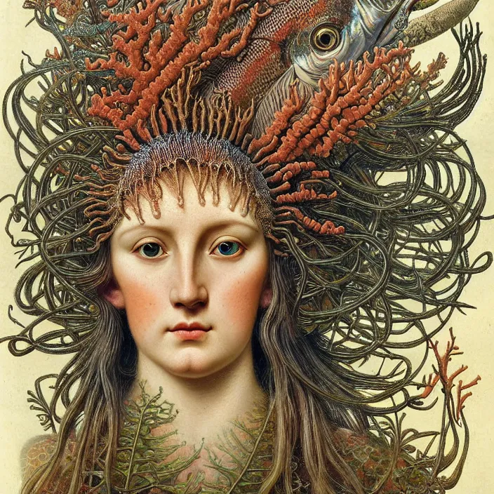 Image similar to realistic detailed face portrait of the goddess of the fish of the three times with an intricate headdress of corals, sea kelp, sea plants, fish, jellyfish, art by archimboldo and ernst haeckel, face in focus, neo - gothic, gothic,