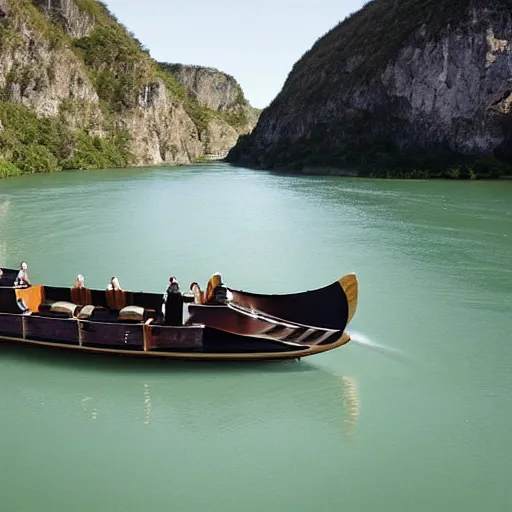 Prompt: speedboat that looks like a viking ship sailing down a river