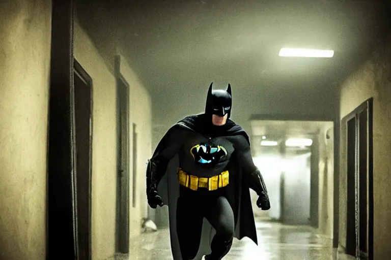 Prompt: batman wielding axe, chasing through hallway, creepy smile, atmospheric eerie lighting, dim lighting, bodycam footage, photograph