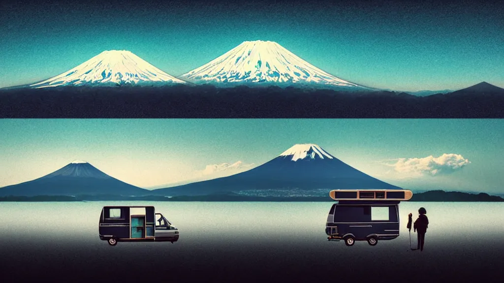 Image similar to a scene of two travellers and their camper touring overlook at the edge of yamanaka lake, reflecting mount fuji and a dramatic sky, japan, a collage painting, in the style of wes anderson, lola dupre, david hockney, isolated on negative white space background dark monochrome neon spraypaint accents volumetric octane render