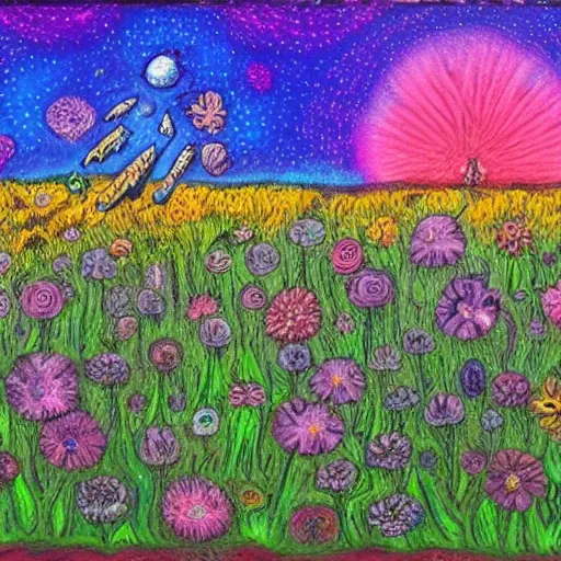 Prompt: a psychedelic oil pastel of a dreamlike scene filled with otherworldly entities in a field of flowers