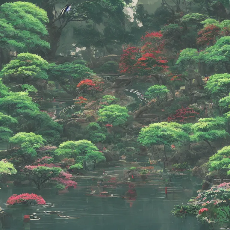 Image similar to beautiful illustration of electronic japanese gardens, trending on pixiv, artstation