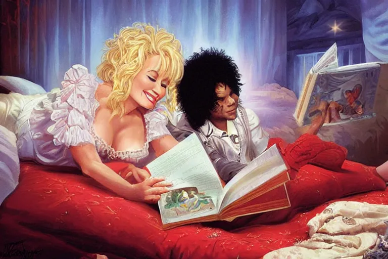 Image similar to portrait of dolly parton reading a bedtime story to michael jackson in bed, an oil painting by ross tran and thomas kincade