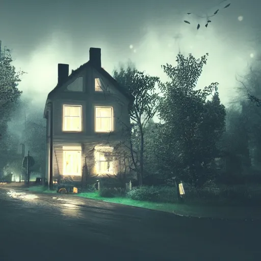 Image similar to dark night, lights, swedish houses, cars driving, realistic, cinematic, raytracing, intense detail, artstation