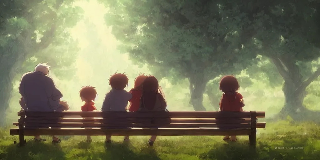 Image similar to a family with sorrow faces sitting on a bench, close up shot, anime art, Greg Rutkowski, studio ghibli, dramatic lighting