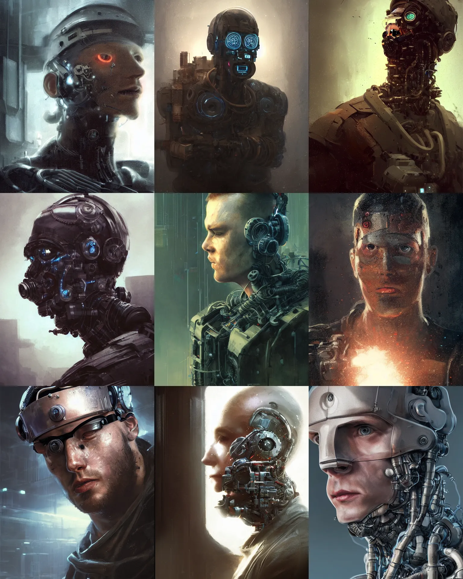 Image similar to a half - masked rugged young laboratory engineer man with cybernetic enhancements as seen from a distance, scifi character portrait by greg rutkowski, esuthio, craig mullins, 1 / 4 headshot, cinematic lighting, dystopian scifi gear, gloomy, profile picture, mechanical, half robot, implants, steampunk