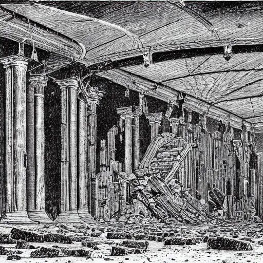 Prompt: abandoned ruins of interplanetary city etching by gustav dore lineart