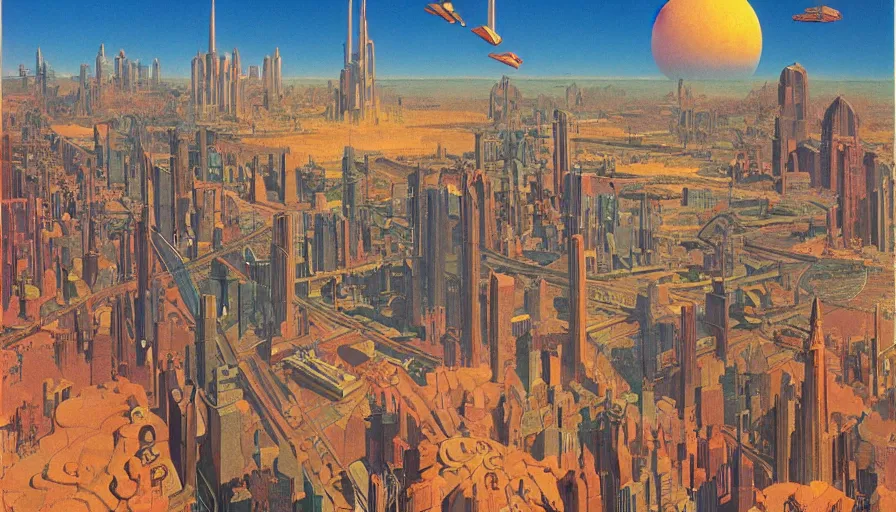 Image similar to a sprawling metropolis with flying cars, by roger dean, by dean ellis, by Jean Giraud, by Moebius, highly detailed, soft lighting, oil on canvas