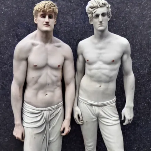 Image similar to a realistic detailed photo of youtubers jake paul & logan paul as a marble statue, blank stare