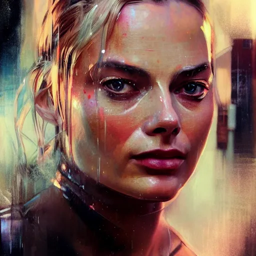 Image similar to margot robbie, hyperrealistic portrait, bladerunner street, art of elysium by jeremy mann and alphonse mucha, fantasy art, photo realistic, dynamic lighting, artstation, poster, volumetric lighting, very detailed face, 4 k, award winning