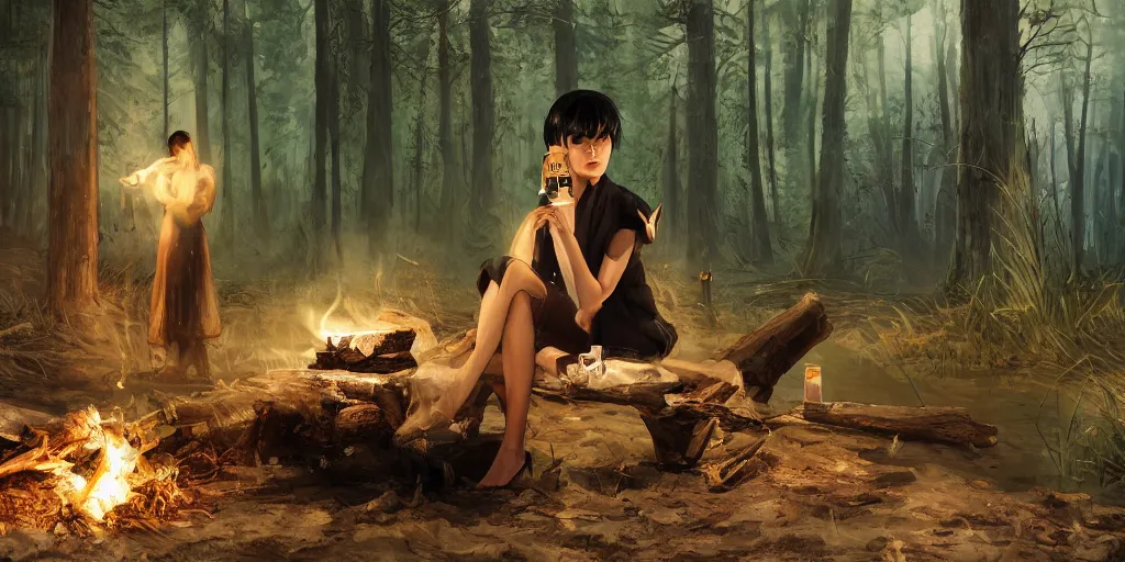 Image similar to A girl with short black hair and green eyes in a tan trenchcoat sitting on a log and drinking tea by the campfire by her motorcycle at night under the stars, elegant scene, wide angle, cinematic lighting, atmospheric, ultrarealistic, trending on artstation, cgsociety, highly detailed, color graded, in the style of craig mullins, rendered in Unreal Engine 4k HQ, horizon forbidden west