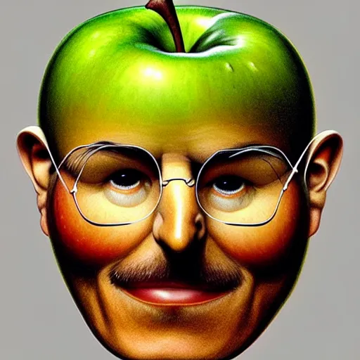 Image similar to a pile of apples, apples, apples arranged in the shape of a face resembling steve jobs, apples, fantasy, intricate, elegant, highly detailed, lifelike, photorealistic, digital painting, artstation, illustration, smooth, sharp focus, apples, art by giuseppe arcimboldo