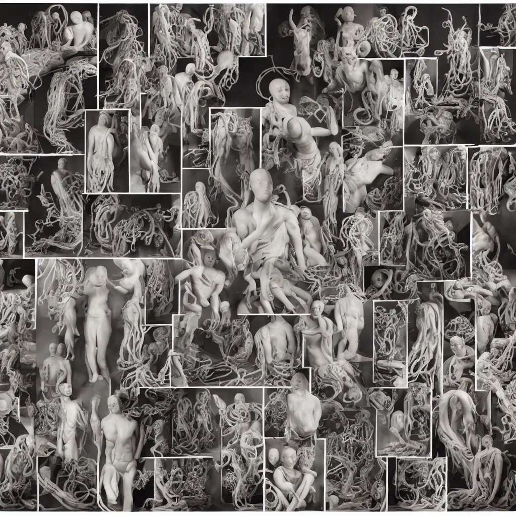 Prompt: a perfect orthogonal collage of 3 5 mm film photos of squid human buddhist and catholic monks. all of whom have skin octopus transplants. a human tragedy played in the format of a porcelain sculpture of glassy squid. perfect studio focus and gallery lighting. photography by brassai
