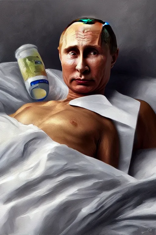 Prompt: a super very hyperrealistic oil painting of ill Vladimir Putin as a patient wearing an oxygen mask on a death bed inhaling from Copium tank that stand near his bed, visible face, fantasy, intricate, elegant, highly detailed, digital painting, artstation, concept art, smooth, sharp focus, illustration and alphonse mucha