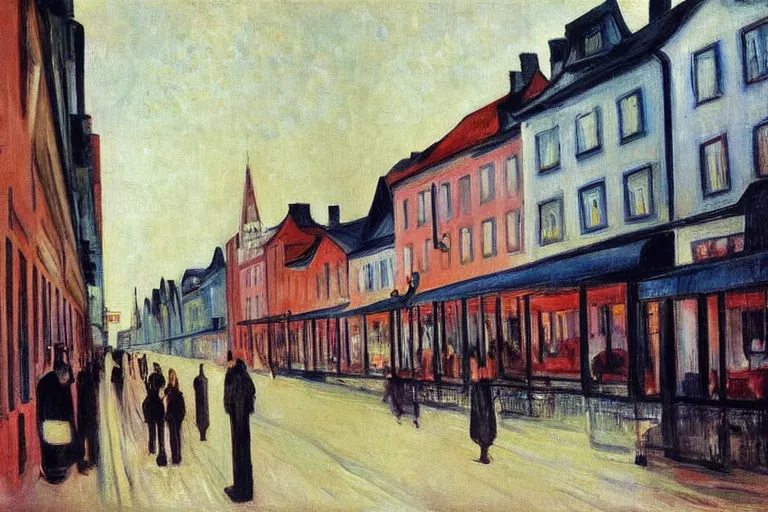 Image similar to unique shops, apartment towers, and cute townhouses along a city street, oil painting by edvard munch