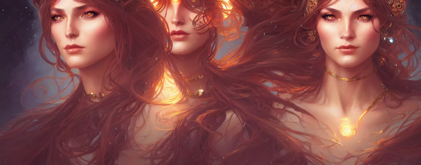 Image similar to fantasy magic woman portrait, sci-fi, amber eyes, face, long hair, fantasy, intricate, elegant, highly detailed, digital painting, artstation, concept art, smooth, sharp focus, illustration, art by artgerm and greg rutkowski and alphonse mucha