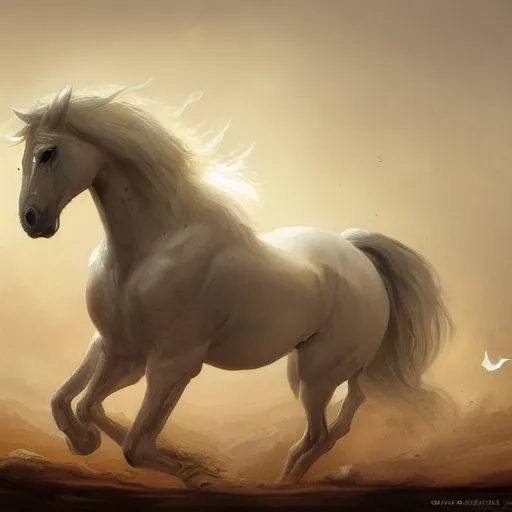 Image similar to a pale, yellowish horse. The one who rode him was called Death, and he was followed by the representative of the realm of death. , digital Art, Greg rutkowski Trending artstation