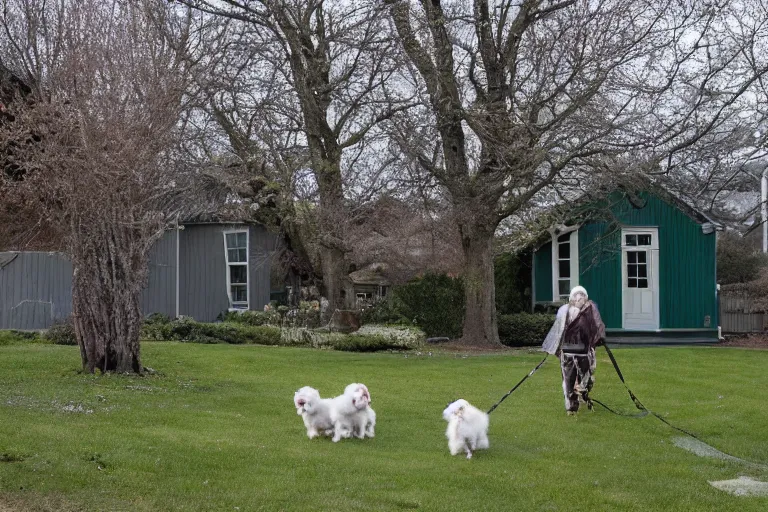 Image similar to the sour, dour, angry lady is walking her three tiny white dogs on leashes outside her green house. the old lady, glaring at the camera, exudes unpleasantness. the old lady shuffles around, looking down. she has gray hair. she is wearing a long gray cardigan and dark pants. large norway maple tree in foreground.