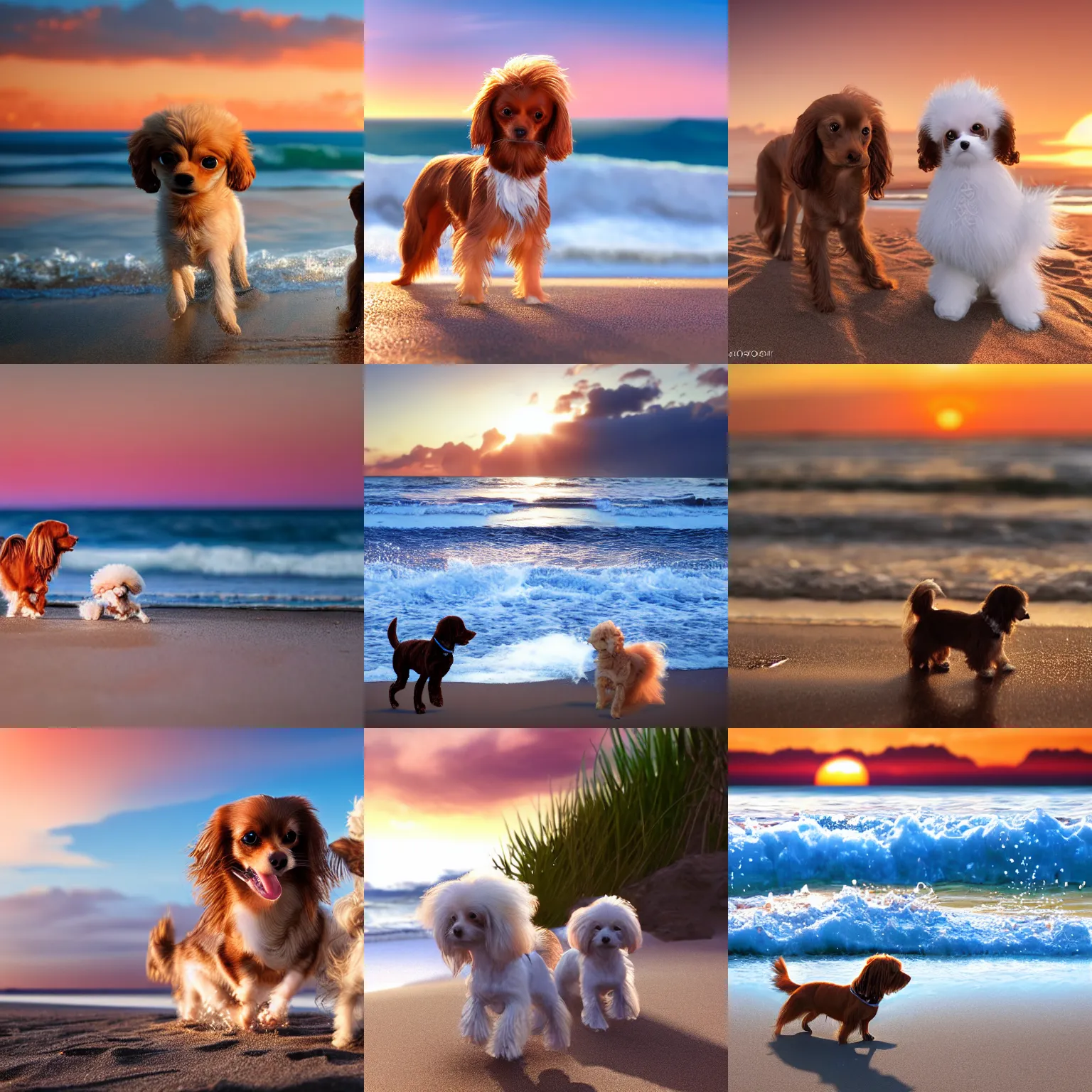 Prompt: a photorealistic closeup image of a cute brown colored long haired chihuahua cocker spaniel dog playing with a happy white bichon frise puppy on the beach. sunset, surf, brightly lit scene. extreme detail. nice composition. 4 k hd unreal engine