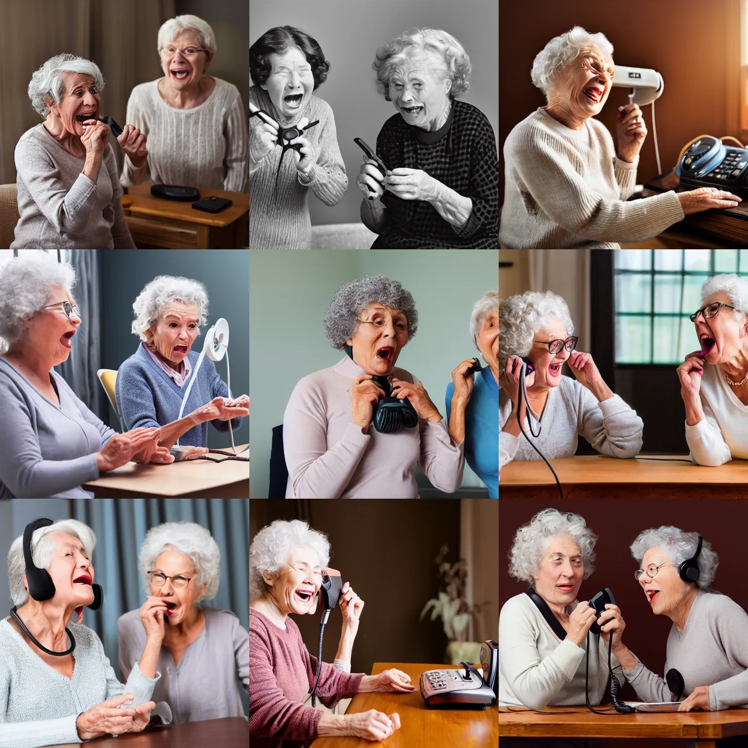 Prompt: old ladies shouting into a landline telephone receiver, ( ( ( spiral cord ) ) ), good light, high quality, super detail