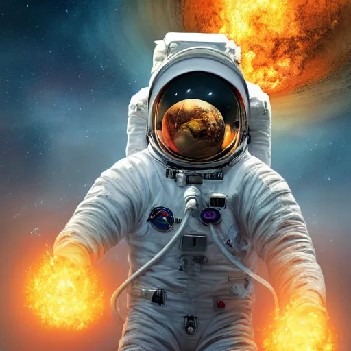 Prompt: astronaut looking back at the earth exploding , subject in the center of the frame, wide angle shot, diffuse lighting, fantasy, intricate, elegant, highly detailed, lifelike, photorealistic, digital painting, illustration, concept art, smooth, sharp focus