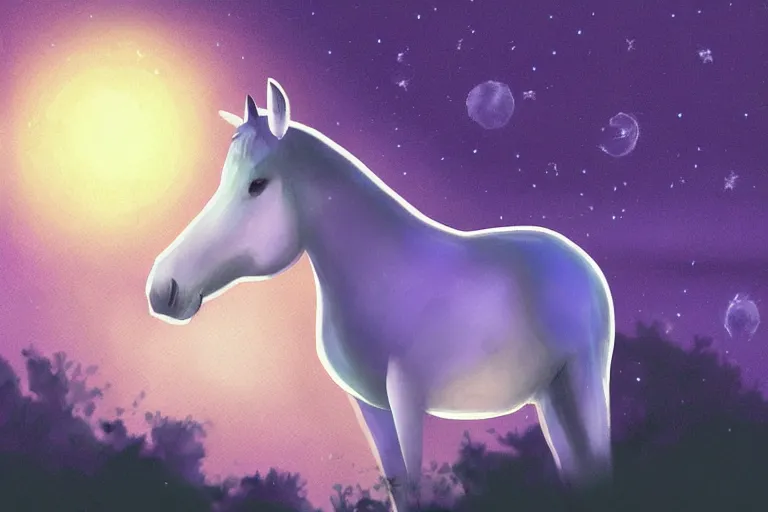 Prompt: a digital painting of a sad horse that's lost on an extraterrestrial planet, strange plants, purple lighting, night sky, glows,