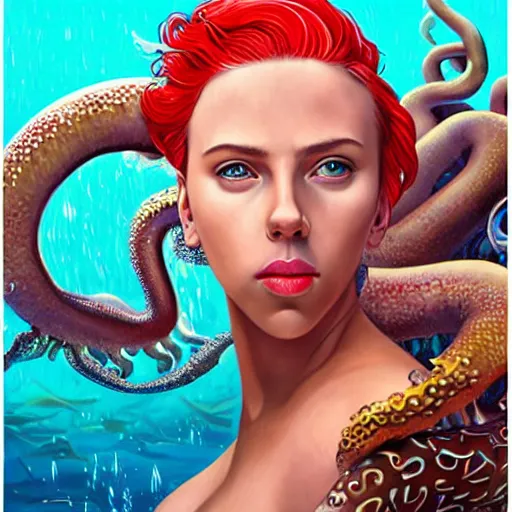 Image similar to lofi underwater mermaid portrait of scarlett johansson in swimsuit with a giant octopus, Pixar style, by Tristan Eaton Stanley Artgerm and Tom Bagshaw.