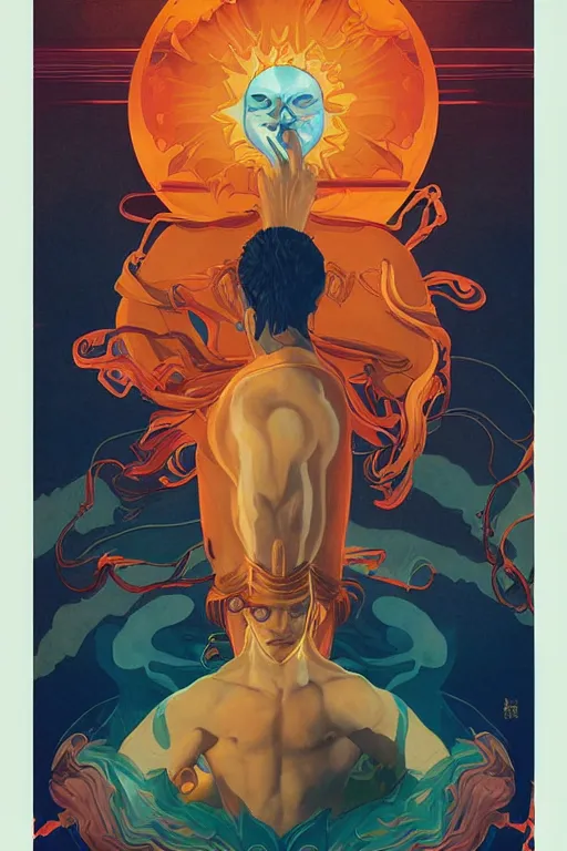 Image similar to anthropomorphic Sun-God, movie poster, dramatic, by Sachin Teng + Karol Bak + Rolf Armstrong