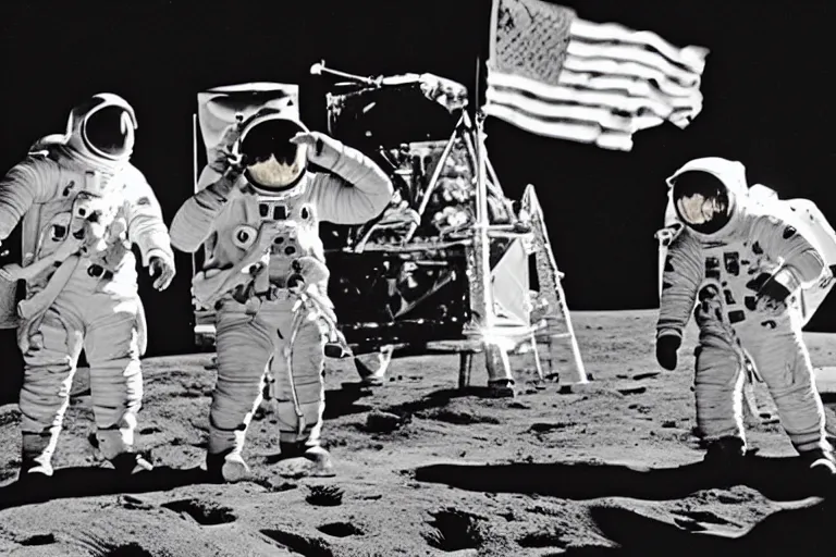 Prompt: black and white photo from 1969 of the government faking the moon landing on a Hollywood sound stage